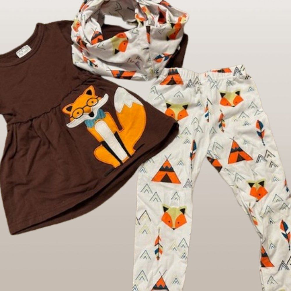 Brown Fox TeePee Shirt, Pant & Scarf Set  4127  XS 2T  NWT Boutique